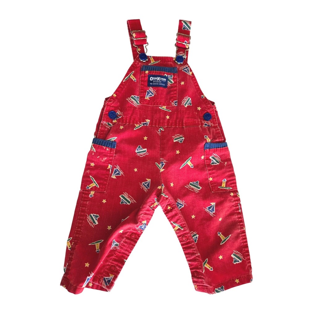 OshKosh B'gosh BABY 6/9M Overalls Red Nautical Vestbak Vintage USA 70s Union